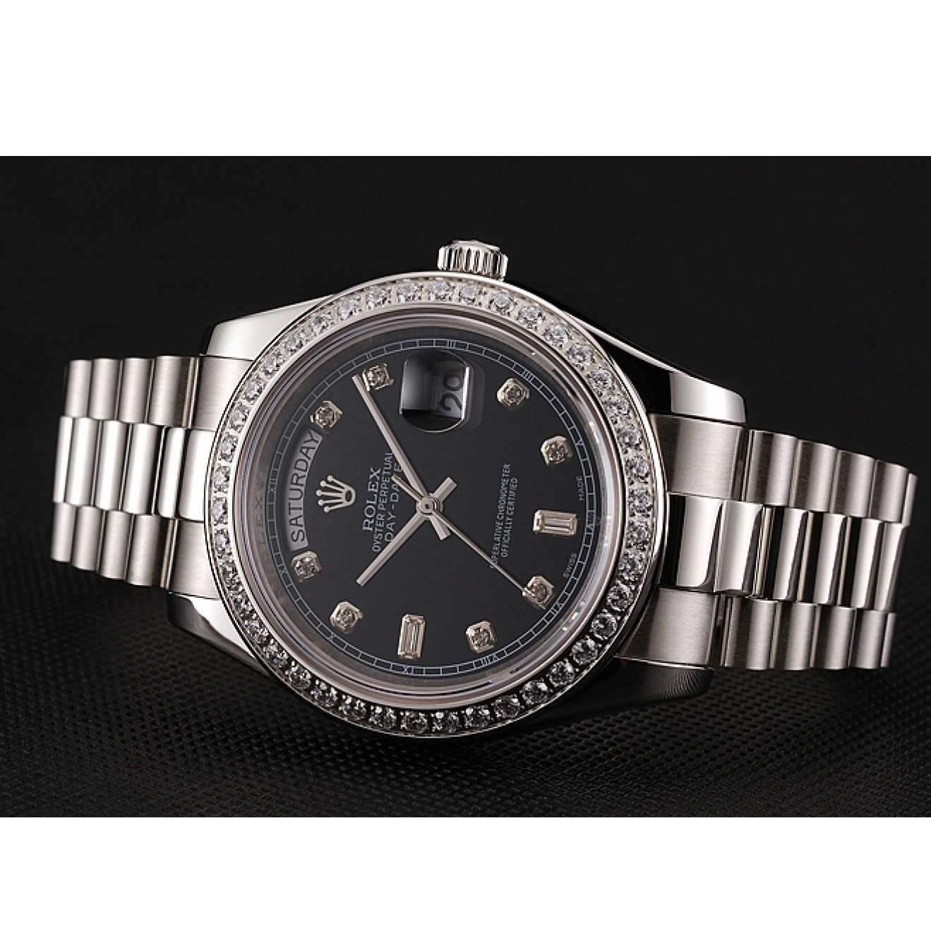Good Copy Rolex Watches Bracelet Numerals Steel Rolex Day-Date Case Swiss Diamond Dial Stainless Black Diamond 1453966 0623